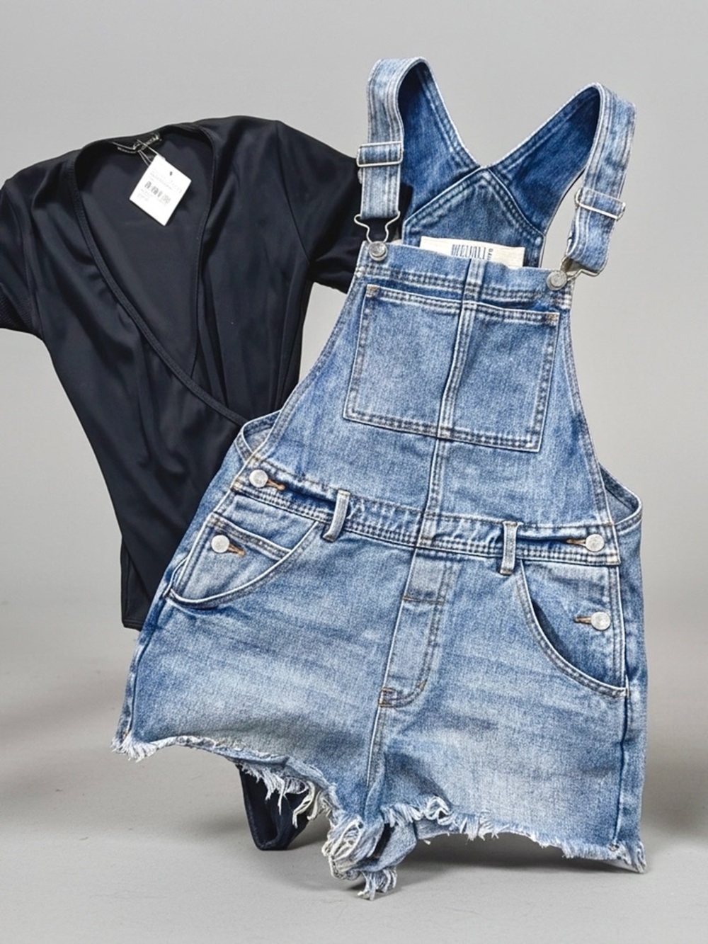 2pc. Brandy Melville Black Ribbed Onepiece NWT & Bib Overalls Jeans Shorts S